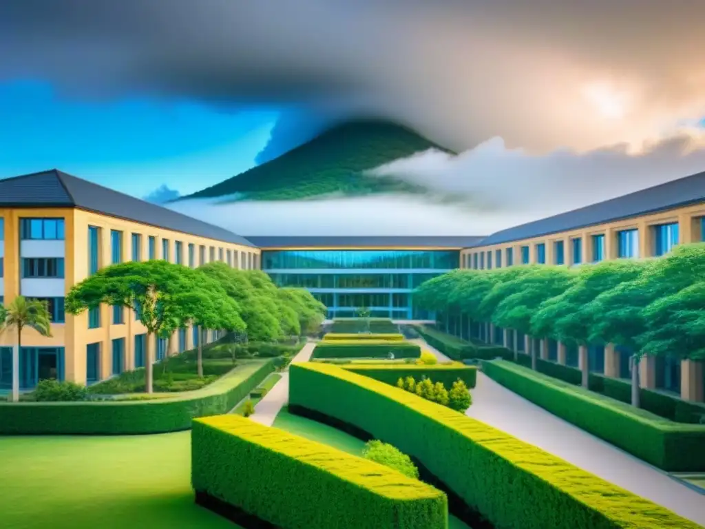 Campus universitario moderno en 8k rodeado de vegetación exuberante Invertir en propiedades inmobiliarias universitarias: Campus moderno rodeado de naturaleza, edificios académicos y estudiantes activos bajo cielo azul
