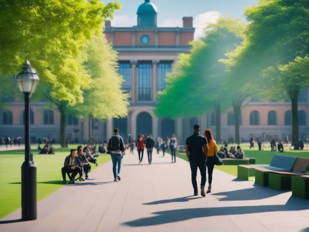 Vida universitaria: campus moderno y vibrante en 8k Invertir en propiedades inmobiliarias universitarias: Un vibrante campus universitario en un día soleado, lleno de vida y oportunidades