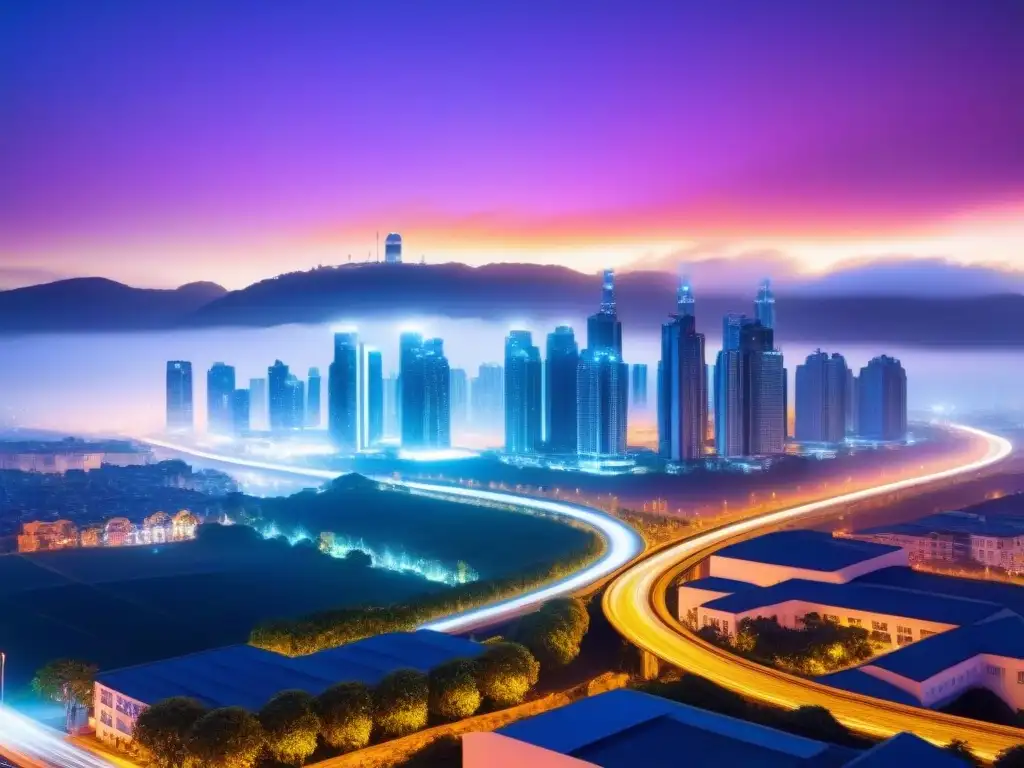Metrópolis futurista: luces y oportunidades internacionales Invertir en propiedades internacionales no convencionales: Ciudad futurista vibrante de noche, con rascacielos iluminados y carreteras brillantes