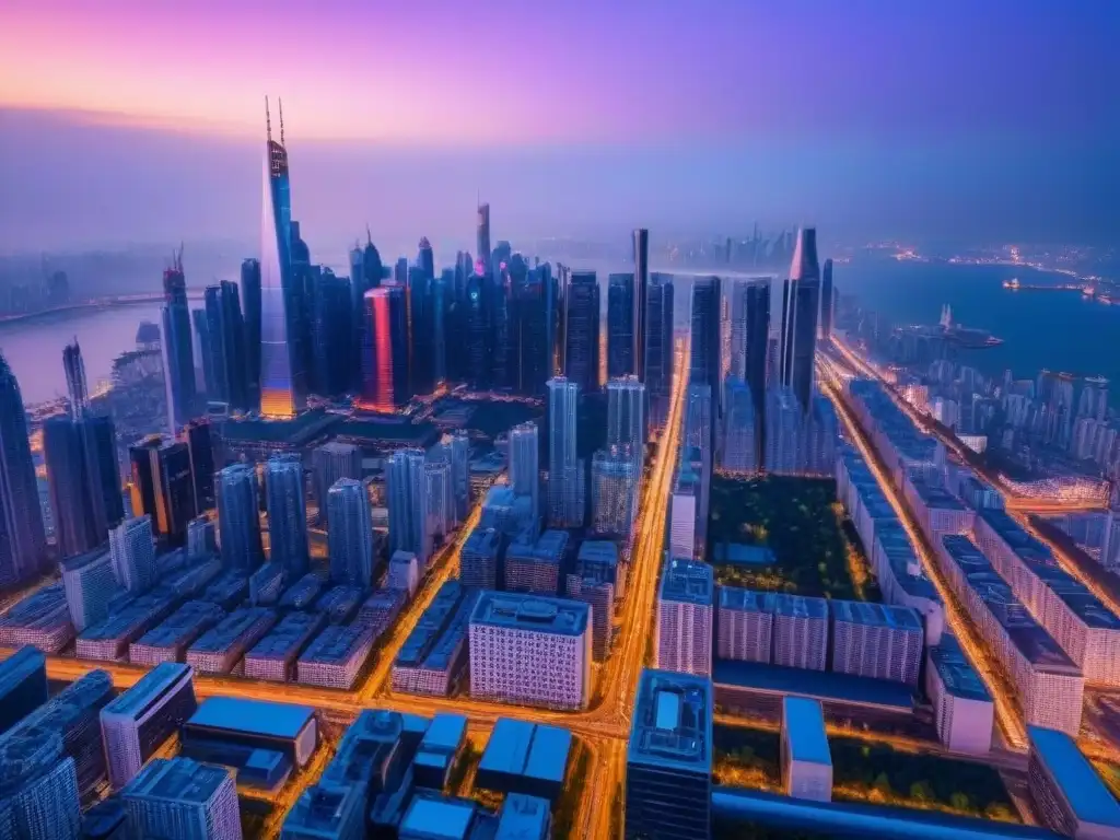 Metrópolis futurista: luces neón y innovación Invertir en propiedades internacionales no convencionales: una ciudad futurista iluminada por neones al anochecer, reflejando innovación y progreso