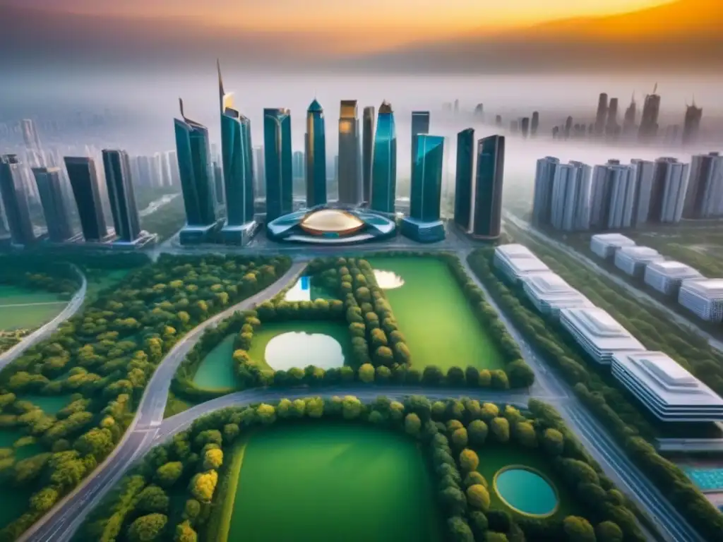 Metrópolis futurista: arquitectura moderna y naturaleza se funden Invertir en propiedades internacionales no convencionales: Futurista ciudad con rascacielos y parques verdes al atardecer