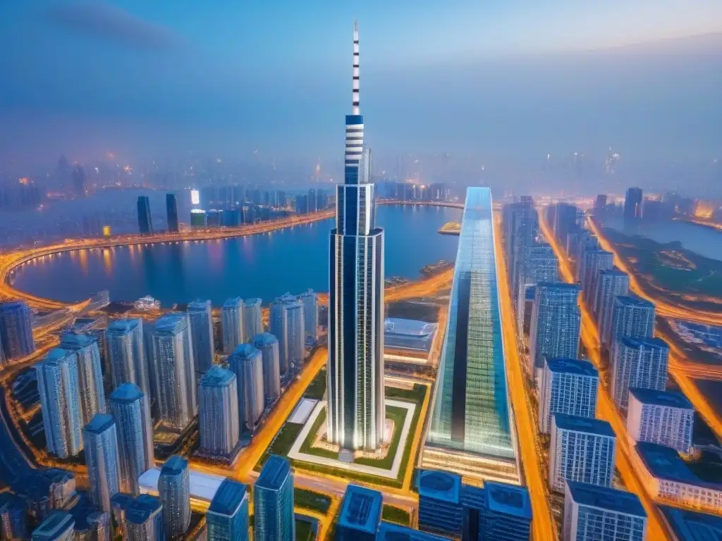 Rascacielos futurista en ciudad vibrante Invertir en propiedades internacionales no convencionales: impresionante rascacielos futurista en el bullicio urbano