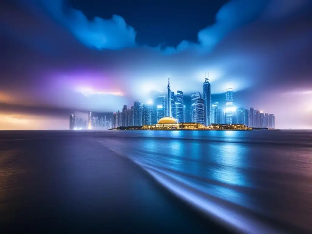 Metrópolis futurista: tecnología y eficiencia en gestión inmobiliaria La gestión de propiedades internacionales en la nube: una ciudad futurista iluminada de noche, con rascacielos reflejados en el agua