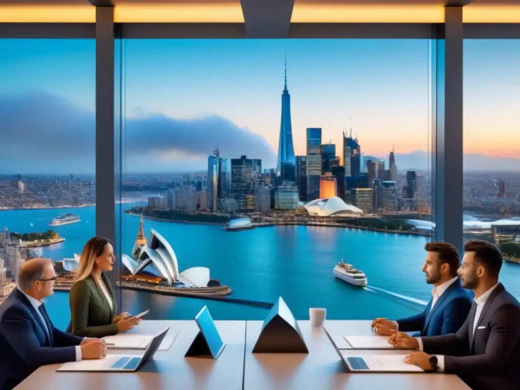 Inversiones internacionales: negocios globales en una ciudad futurista Invertir en propiedades internacionales: Reunión de negocios en sala de conferencias futurista con vista a ciudad global
