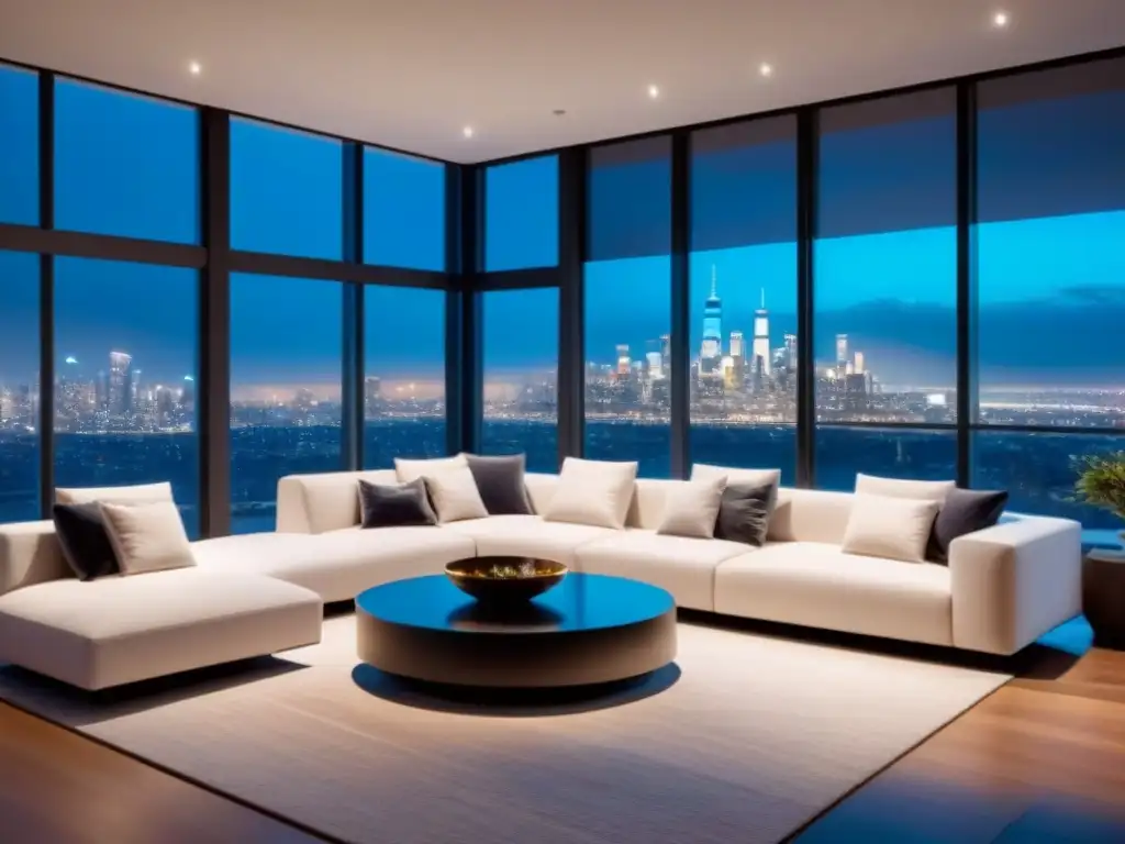 Residencia inteligente de lujo con automatización de vanguardia Inversión en domótica en propiedades internacionales: Sala minimalista de lujo con tecnología inteligente y vistas a la ciudad