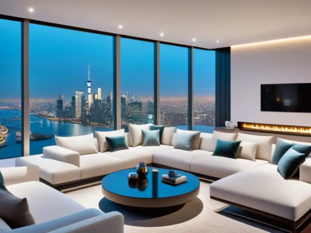 Salón de lujo con tecnología smart home en propiedad internacional Inversión en domótica propiedades internacionales: Sala moderna lujosa con tecnología inteligente y vista urbana panorámica