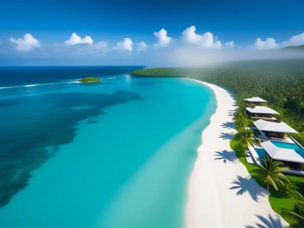 Propiedad de lujo frente al mar en paraíso tropical Invierte en propiedades internacionales: vista aérea de lujo en paraíso tropical al atardecer, con arquitectura moderna y piscina infinita privada