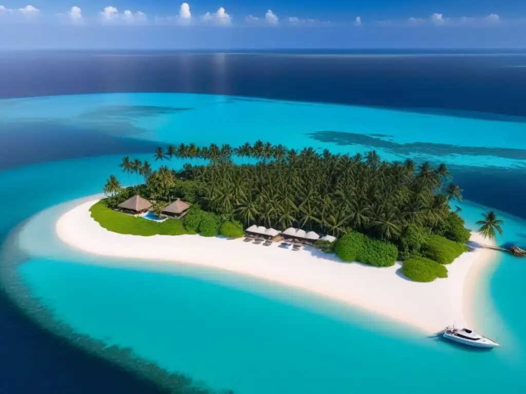 Inversión en propiedades de islas: Exclusivo atardecer en isla privada con villas de lujo, yate y aguas turquesa