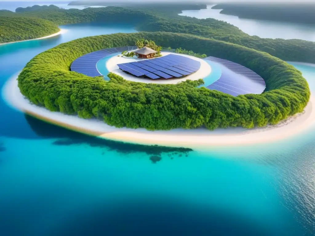 Paraíso sostenible: isla privada de lujo con eco-villas y aguas turquesa Invertir en propiedades islas privadas: Atardecer dorado sobre isla privada de lujo con diseño ecofriendly y aguas turquesa cristalinas