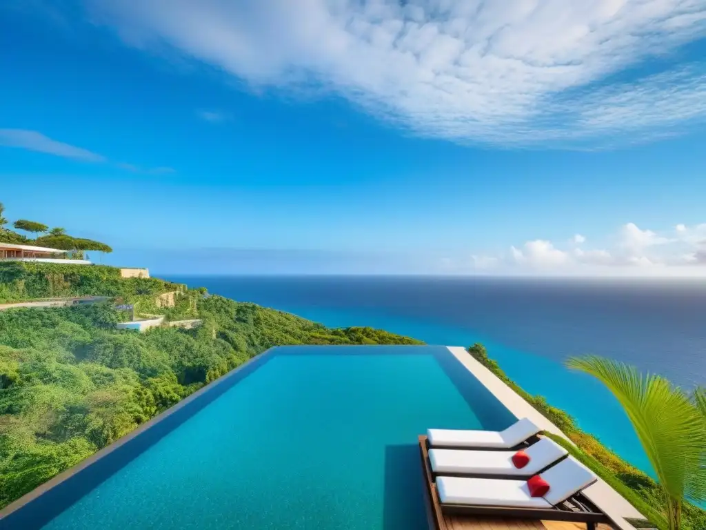 Villa de lujo sobre acantilado con piscina infinita y vistas al mar Invertir en propiedades islas privadas: lujosa villa moderna en acantilado, con vista al mar turquesa y vegetación exuberante