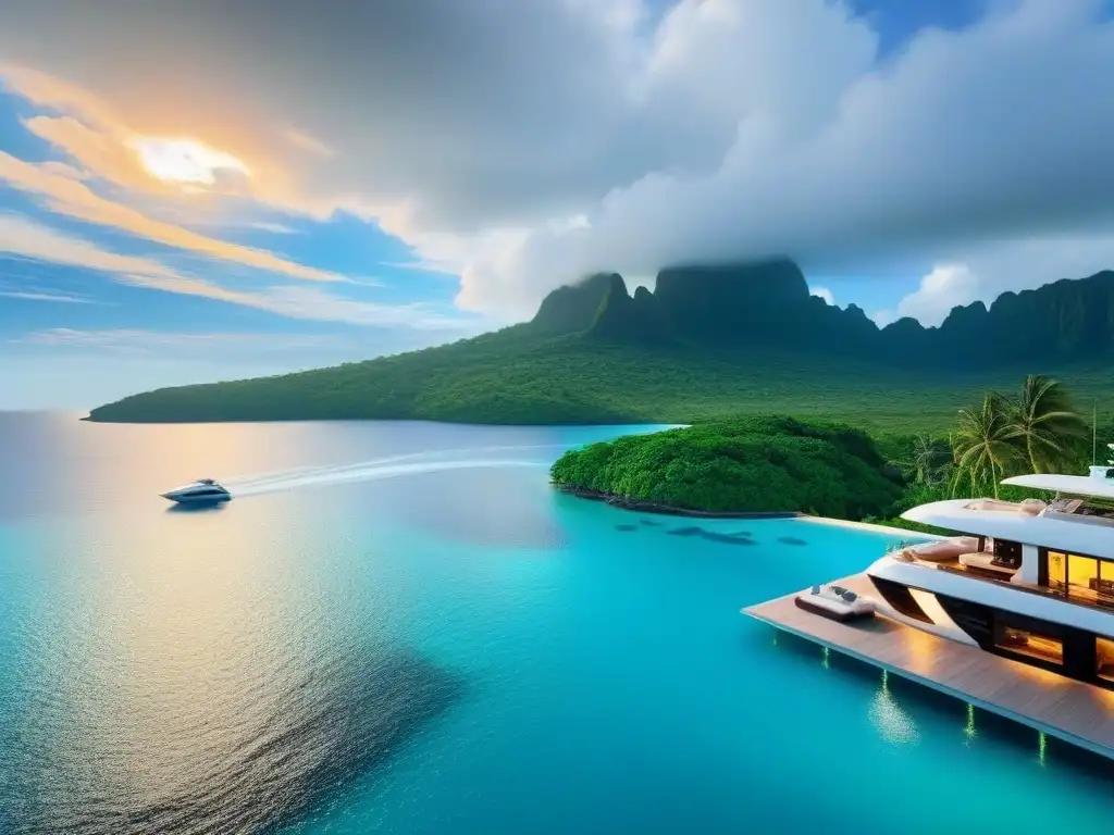 Residencia de lujo en isla privada con vistas paradisíacas Promoción propiedades islas privadas mercado: Mansión moderna en isla privada con aguas turquesas y yate anclado al atardecer