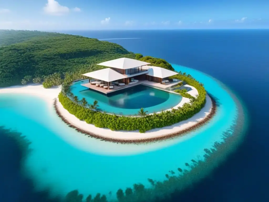 Exclusiva isla privada con villa de lujo y piscina infinita Invierte en propiedades islas privadas: vista aérea de una isla privada de lujo con villa moderna y piscina infinity