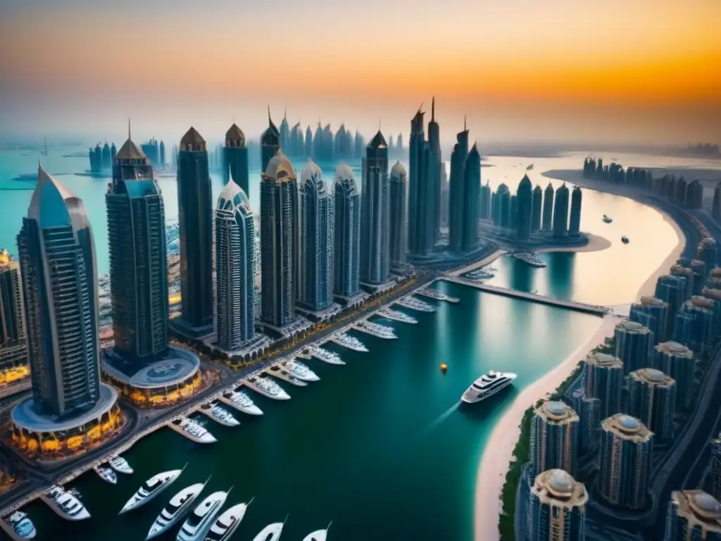 Lujo y sofisticación: Dubai Marina al atardecer Invertir en propiedades de lujo en Dubái: Vista aérea impresionante de la icónica línea del horizonte de Dubai Marina al atardecer, con edificios residenciales de lujo y un puerto deportivo