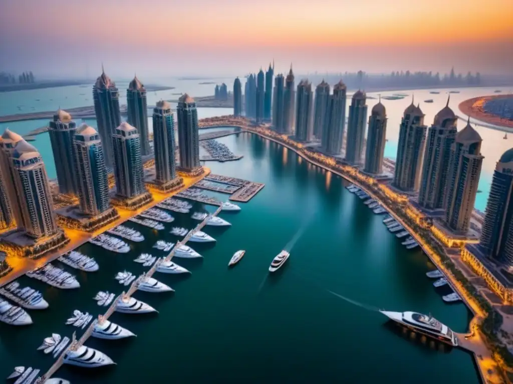 Esplendor en Dubai Marina: atardecer entre rascacielos y yates Invertir en propiedades de lujo Dubai: Vista aérea de la opulenta línea de rascacielos en Dubai Marina al atardecer