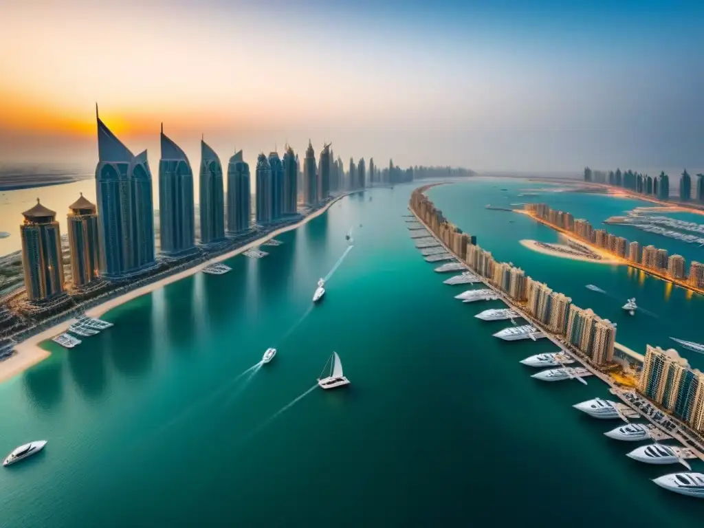 Esplendor en Dubai Marina: lujo y modernidad al atardecer Invertir en propiedades de lujo en Dubái: Atardecer en Dubai Marina, con imponentes rascacielos y yates en el agua