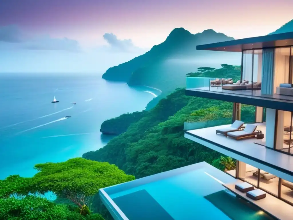 Propiedad costera de lujo: diseño moderno con vistas panorámicas al océano Propiedades de lujo costeras Asia: Vista aérea de un elegante hogar con vista al mar y piscina infinita