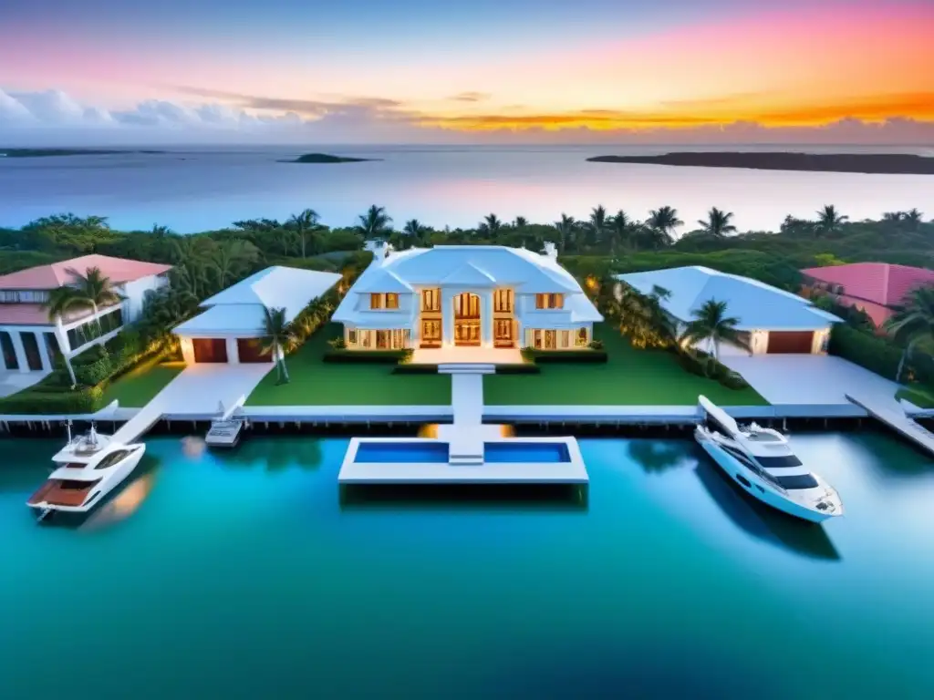 Mansión de lujo frente al mar en Norteamérica: opulencia y exclusividad Inversión en propiedades de lujo: Mansión frente al mar con diseño moderno, muelle privado y yate al atardecer