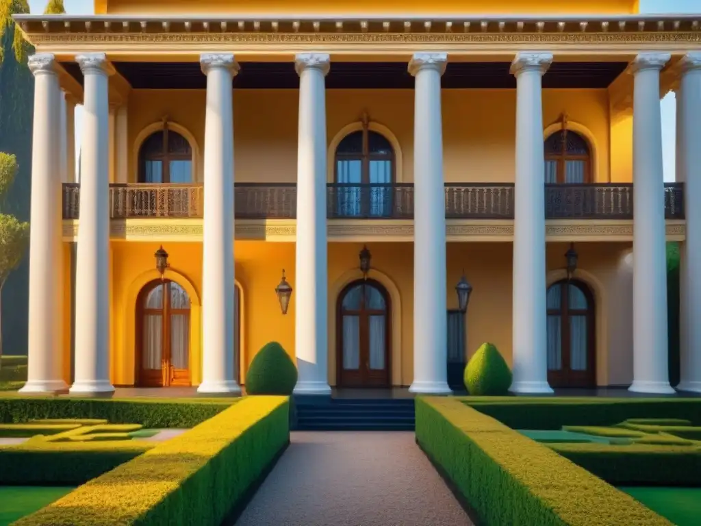 Propiedad de lujo histórica: detalle arquitectónico en 8k Propiedades de lujo históricas globales: majestuosa mansión con detalles arquitectónicos intrincados y jardines expansivos bañados en luz dorada