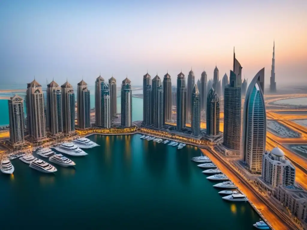 Espectacular vista aérea de Dubai Marina al atardecer Invertir en propiedades de lujo en Dubai: Atardecer en la Marina de Dubai con sus icónicos edificios y yates de lujo