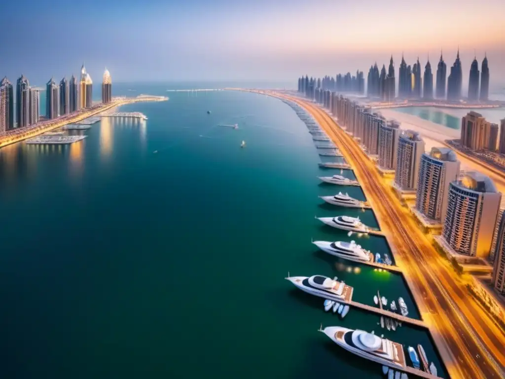 Espléndida vista aérea del skyline de Dubai Marina al anochecer Invertir en propiedades de lujo en Dubai: Impresionante vista aérea del skyline de la Marina de Dubai al anochecer, con edificios de lujo iluminados por las luces de la ciudad y yates navegando en las brillantes aguas