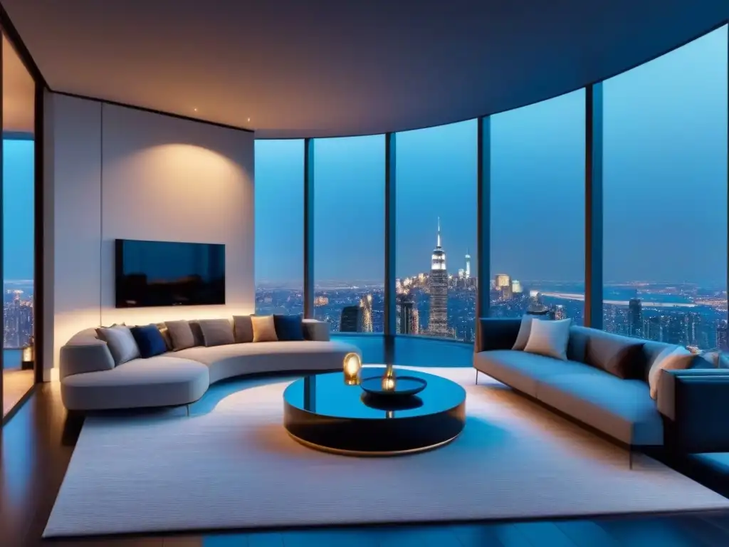 Penthouse de lujo futurista con vistas a la ciudad Comprar propiedades de lujo internacional: Lujoso ático futurista con vista panorámica nocturna de la ciudad y diseño vanguardista