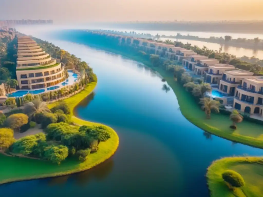 Viviendas de lujo a orillas del Nilo: arquitectura moderna en Egipto Propiedades de lujo a lo largo del majestuoso río Nilo en Egipto, con arquitectura moderna y exclusiva
