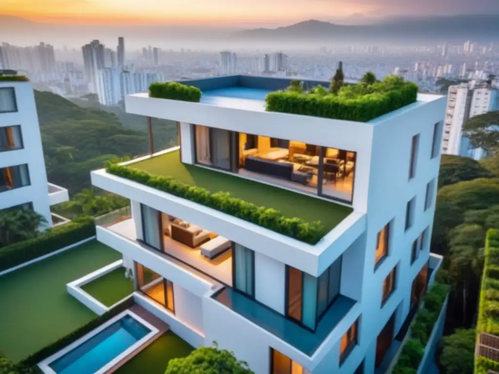 Esplendor urbano: lujo y modernidad en ciudad latina Inversión en propiedades de lujo América Latina: Edificio de apartamentos de lujo en ciudad vibrante al atardecer