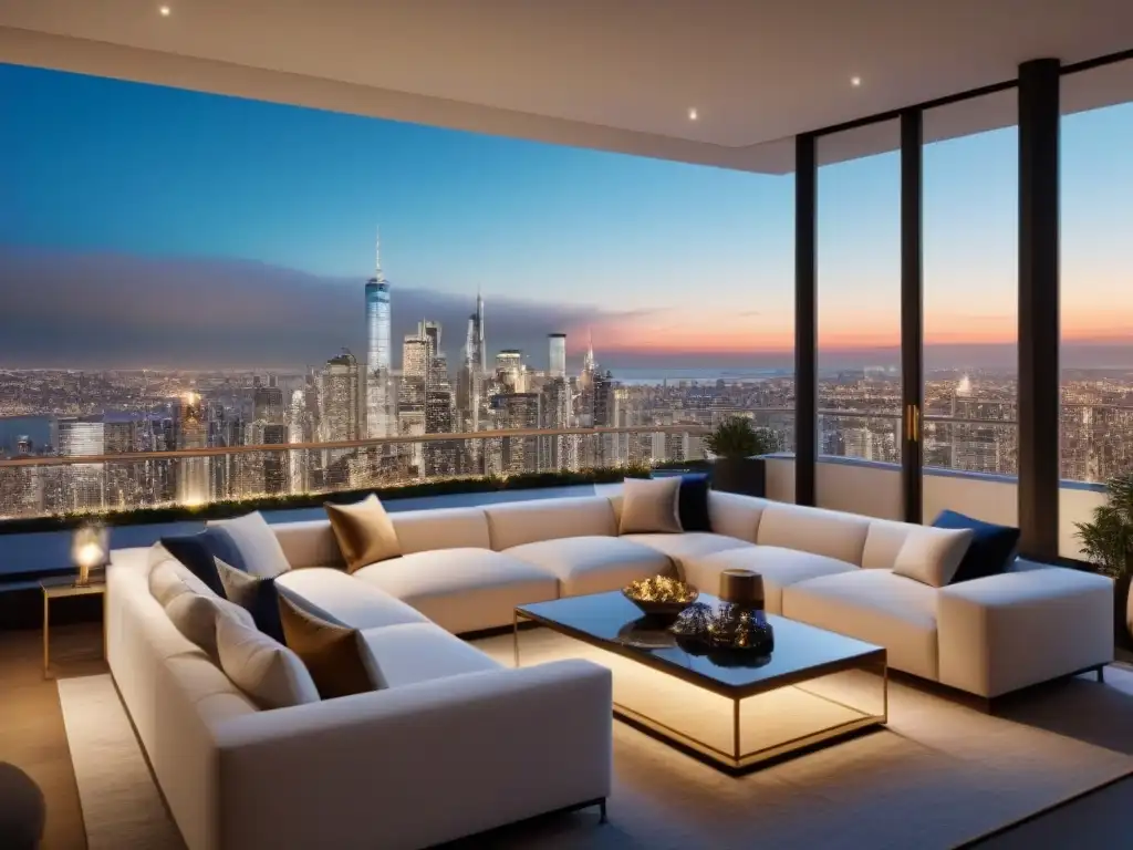 Penthouse de lujo con vistas nocturnas en ciudad vibrante Propiedades de lujo mercado global: Penthouse moderno con vista nocturna de ciudad vibrante y diseño elegante