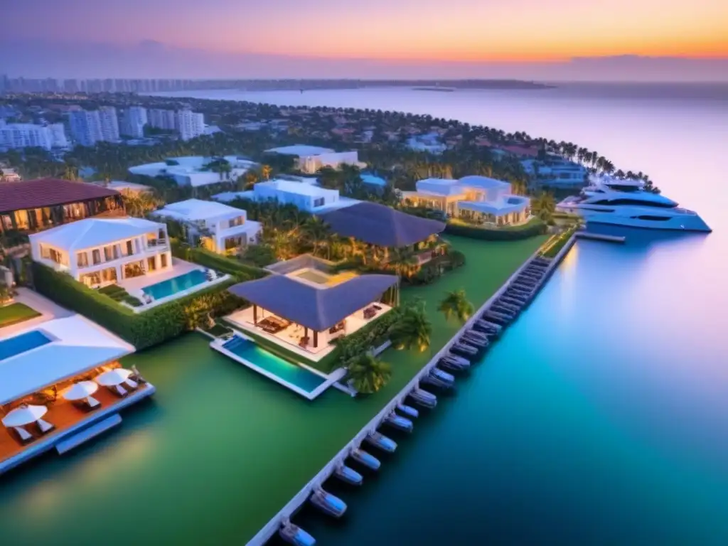 Residencia de lujo frente al mar al atardecer Inversión en propiedades de lujo en mercado internacional: Mansión moderna con piscina infinita y yate en puerto al atardecer