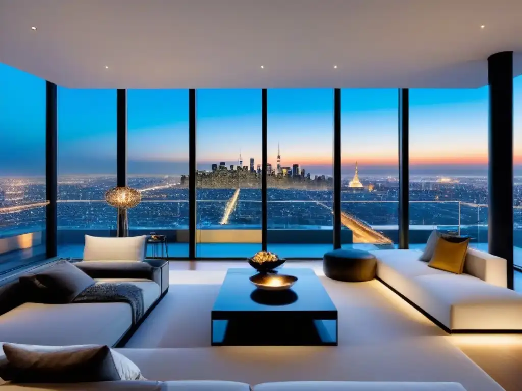 Penthouse de lujo con vistas panorámicas y diseño elegante Inversión en propiedades de lujo en mercado internacional: Penthouse moderno con vistas panorámicas de la ciudad y decoración elegante