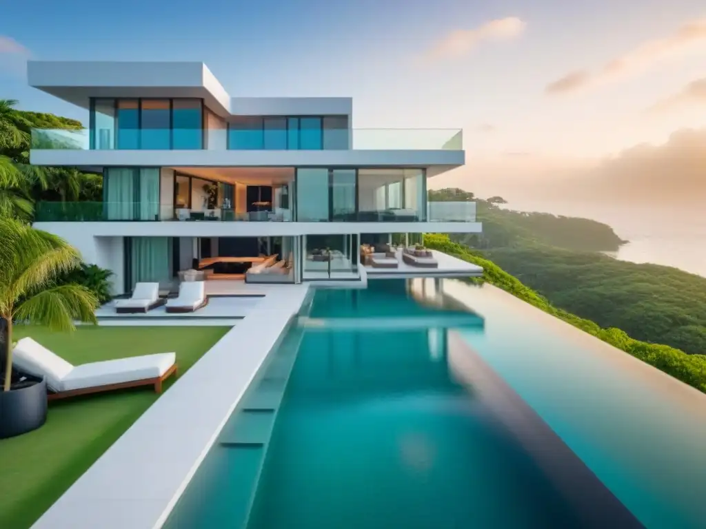 Residencia de lujo frente al mar: diseño moderno y vistas panorámicas Inversión en propiedades de lujo en mercado internacional: Mansión moderna frente al mar con piscina infinita y atardecer dorado