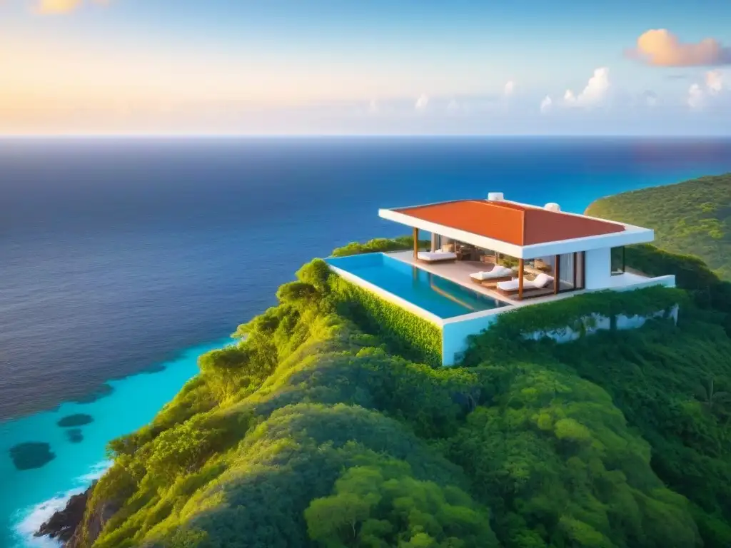 Villa de lujo en acantilados con piscina infinita y vistas al mar Caribe Inversión en propiedades de lujo en América Latina: Villa moderna en acantilado con piscina infinita y vistas al mar Caribe al atardecer