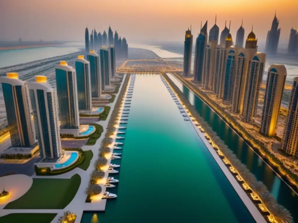Espléndido complejo de apartamentos de lujo en Dubai Propiedades de lujo en Medio Oriente: complejo de apartamentos de alto standing en Dubai, con moderna arquitectura y atardecer dorado en ventanas