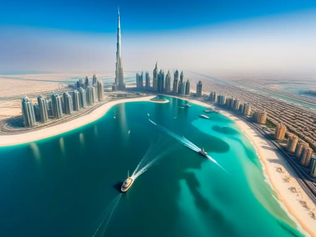 Esplendor urbano: Dubai, Burj Khalifa y rascacielos de lujo Inversión en propiedades de lujo en Medio Oriente: icónicos rascacielos de Dubái brillando bajo el sol sobre el Golfo Pérsico