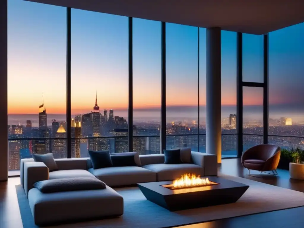 Penthouse de lujo con vista a la ciudad al atardecer Inversión en propiedades de lujo: Penthouse moderno con vista a la ciudad al atardecer, elegante diseño y terraza acogedora con chimenea