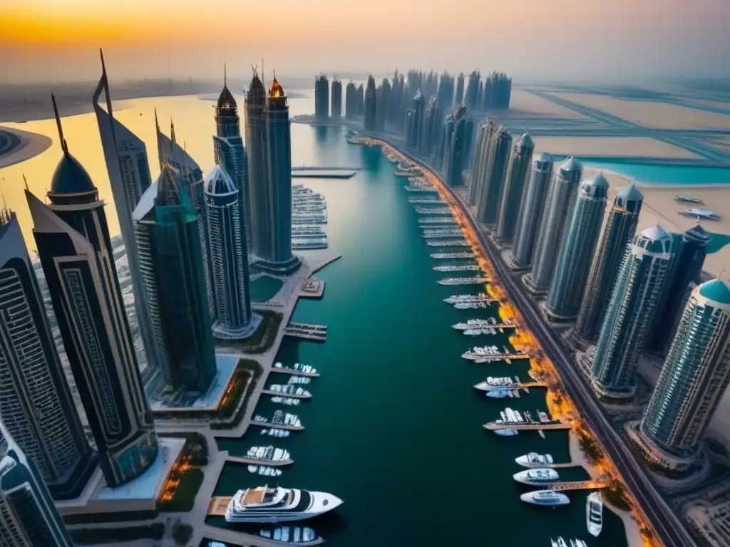 Espléndido atardecer en Dubai Marina: lujo y oportunidades inmobiliarias Invertir en propiedades de lujo en Dubái: Atardecer en la Marina de Dubái con rascacielos, yates y un resplandor dorado en el agua