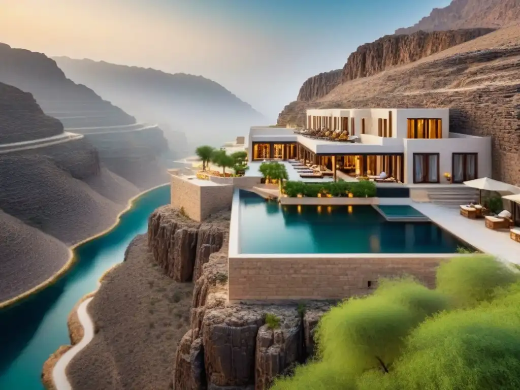 Resort de lujo en acantilado: Alila Jabal Akhdar, Omán Propiedades de lujo en Omán: Alila Jabal Akhdar resort en un acantilado, piscina infinita y paisajes montañosos