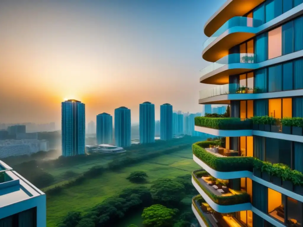 Esplendor urbano en el sudeste asiático Invierte en propiedades de lujo en el Sudeste Asiático: un complejo moderno de condominios de alta gama en una bulliciosa ciudad al atardecer