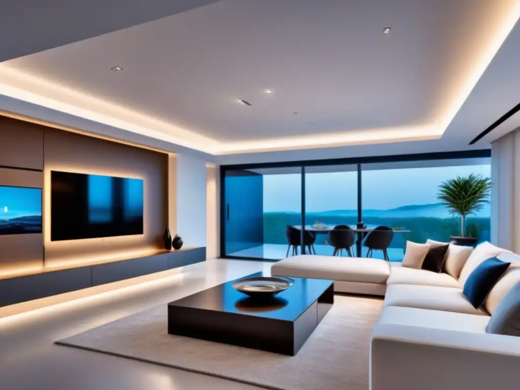 Salón de lujo inteligente: tecnología y diseño moderno Invertir en propiedades con domótica para mayor rentabilidad: sala de estar moderna y lujosa con tecnología de vanguardia