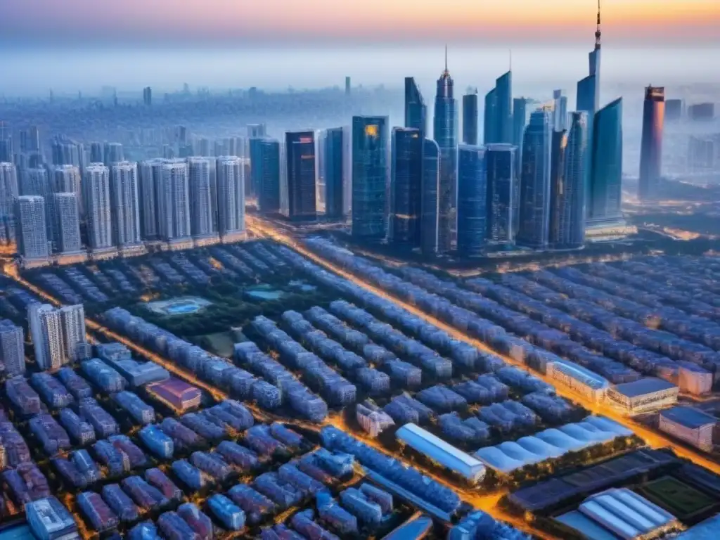 Vibrante mercado inmobiliario en ciudad internacional Inversión en propiedades en mercado inmobiliario internacional: Vista aérea de una ciudad vibrante con rascacielos y edificios residenciales
