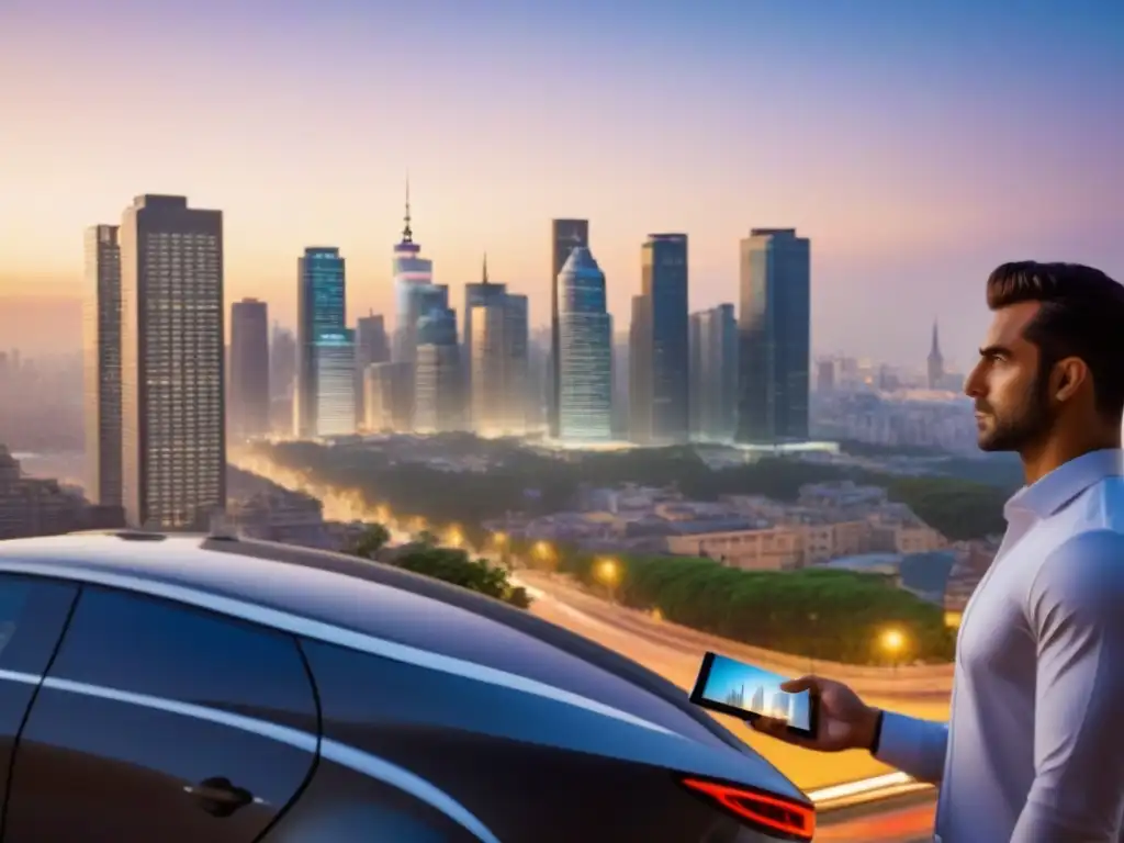 Skyline vibrante: millennials en inversión inmobiliaria global Inversión en propiedades en mercado inmobiliario internacional: Millennials colaboran en estrategias ante un horizonte urbano vibrante al anochecer