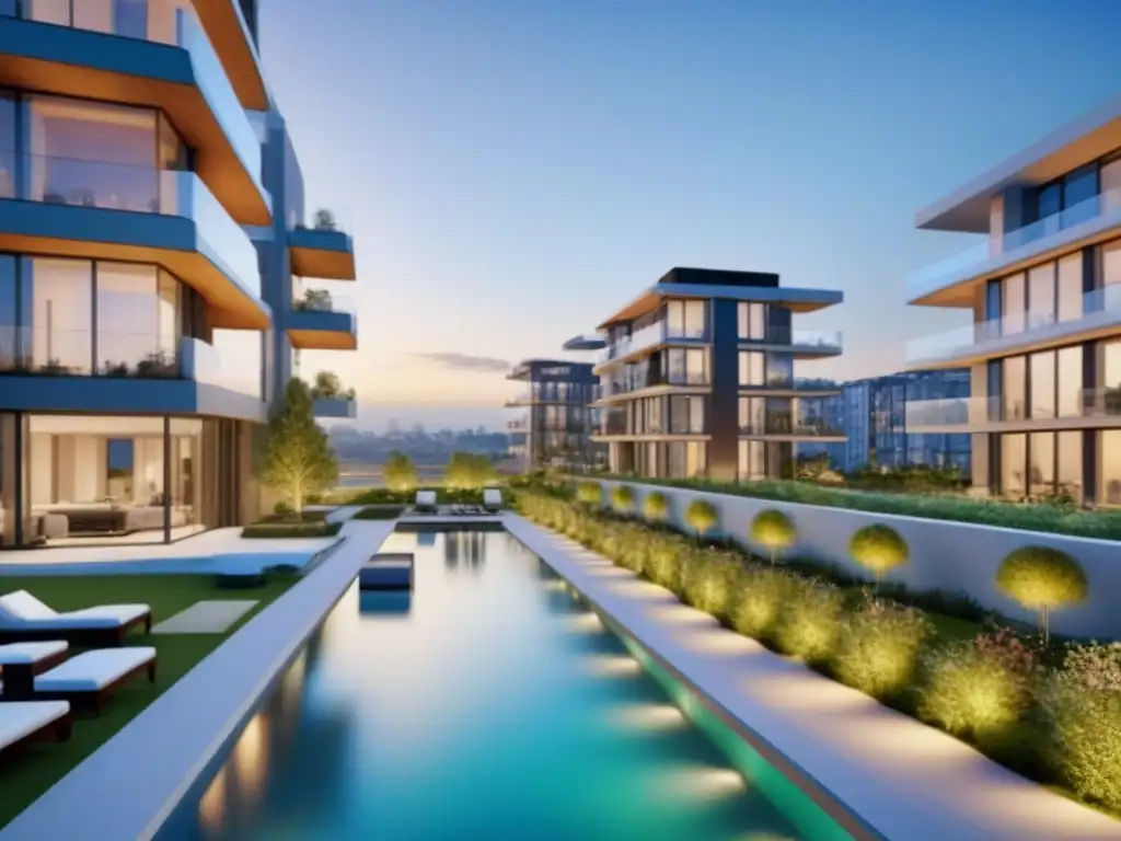 Complejo residencial internacional ultradetallado en 8k: lujo y diversidad Inversión en propiedades multifamiliares internacionales: Complejo residencial futurista con diseño arquitectónico geométrico y multicultural