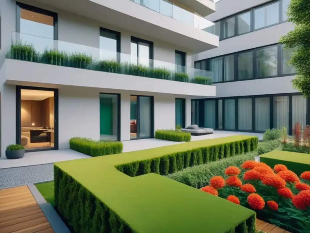 Complejo residencial de lujo con jardín exuberante | Inversión inmobiliaria Inversión en propiedades multifamiliares internacionales: Complejo de apartamentos moderno con jardín central, árboles altos y flores coloridas
