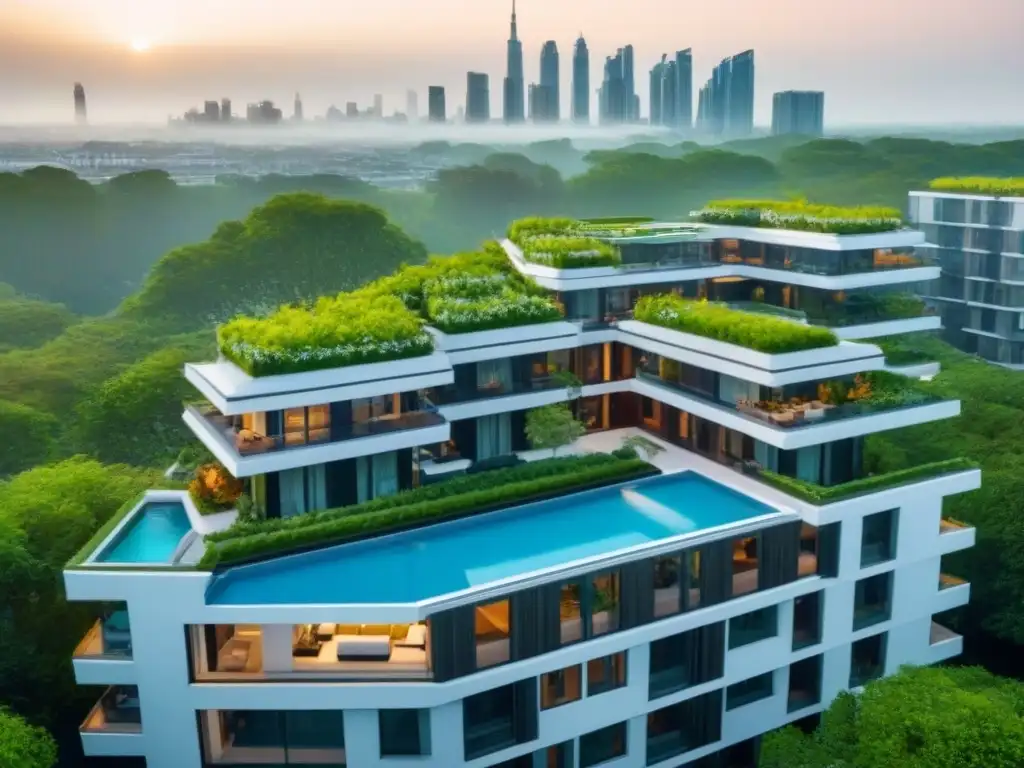 Complejo residencial de lujo en metrópoli internacional Inversión en propiedades multifamiliares internacionales: Complejo residencial moderno con arquitectura innovadora y espacios comunes vibrantes, rodeado de vegetación exuberante en una ciudad internacional bulliciosa
