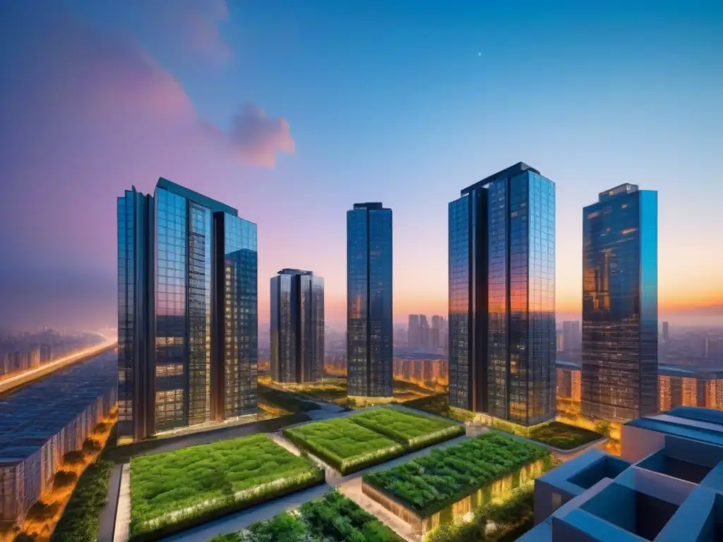 Edificio residencial futurista: diseño innovador en la ciudad Inversión en propiedades multifamiliares internacionales: Edificio futurista de vidrio, acero y vegetación en vibrante ciudad al anochecer