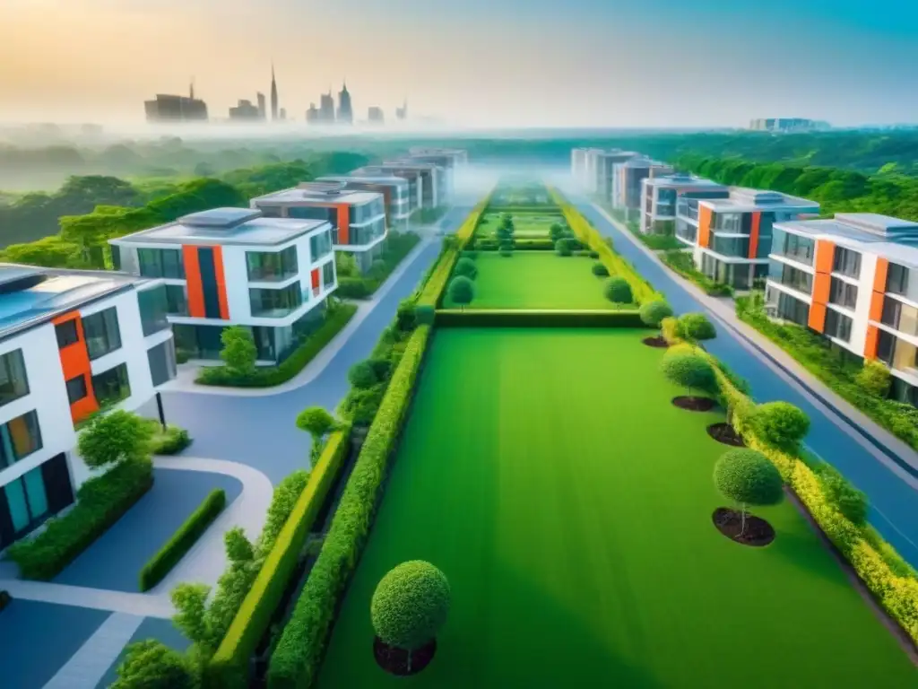 Vibrante ciudad moderna con arquitectura contemporánea y espacios verdes Inversión en propiedades multifamiliares: Moderna ciudad con edificios residenciales y áreas verdes
