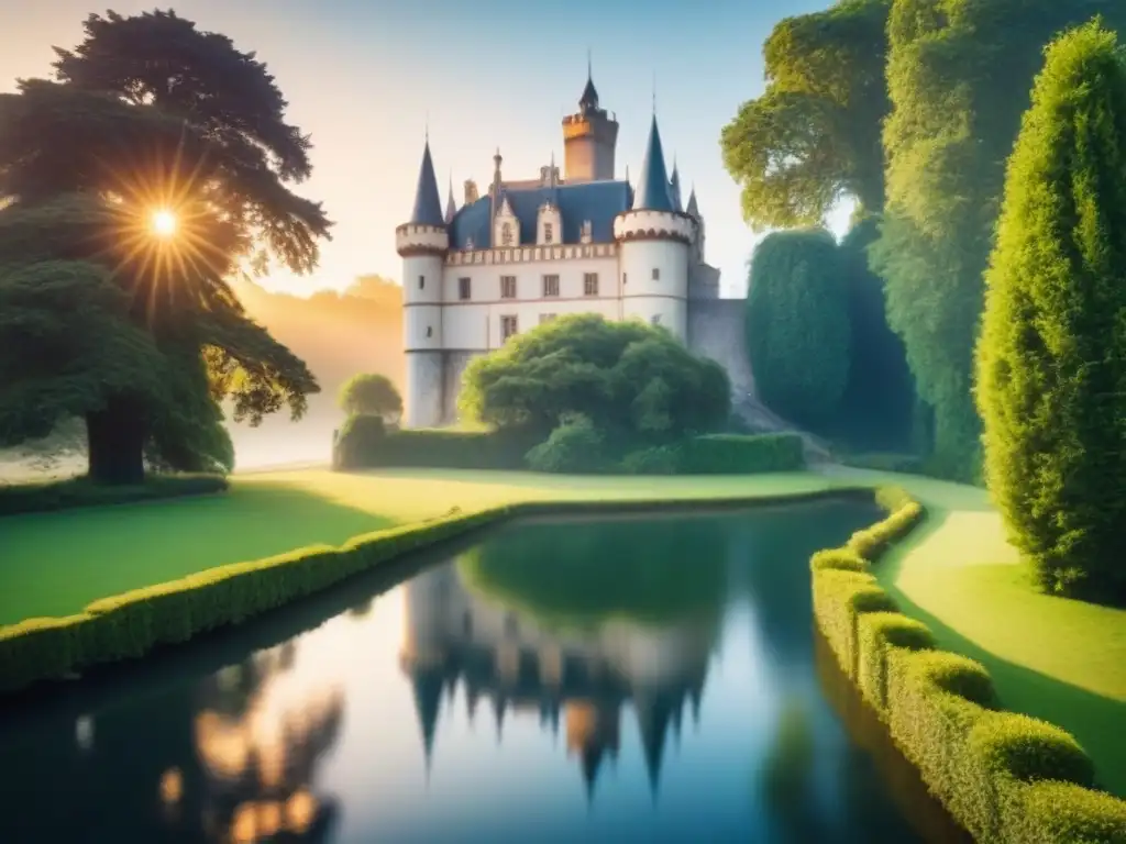 Castillo europeo histórico al atardecer: elegancia y grandiosidad Propiedades patrimoniales inversión internacional: Castillo europeo majestuoso al atardecer, rodeado de jardines verdes y estanque sereno