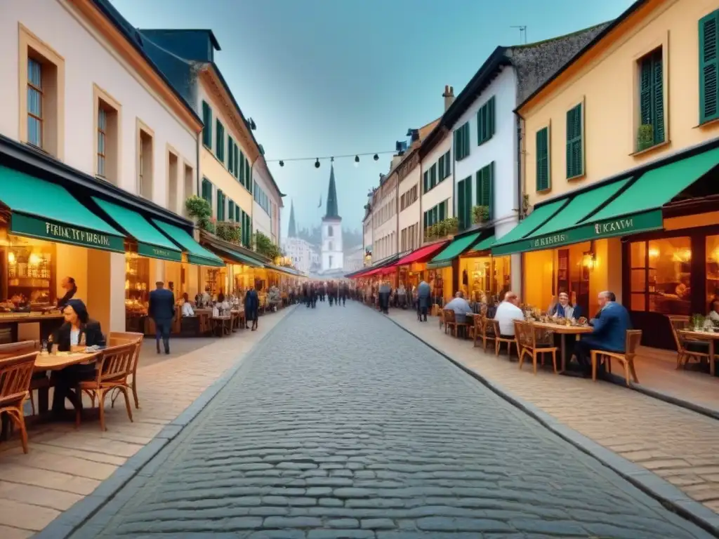 Transformación urbana: Plaza histórica convertida en modernos espacios Transformación de propiedades en pequeñas ciudades: Plaza animada con arquitectura histórica y moderna, cafés al aire libre y boutiques trendy
