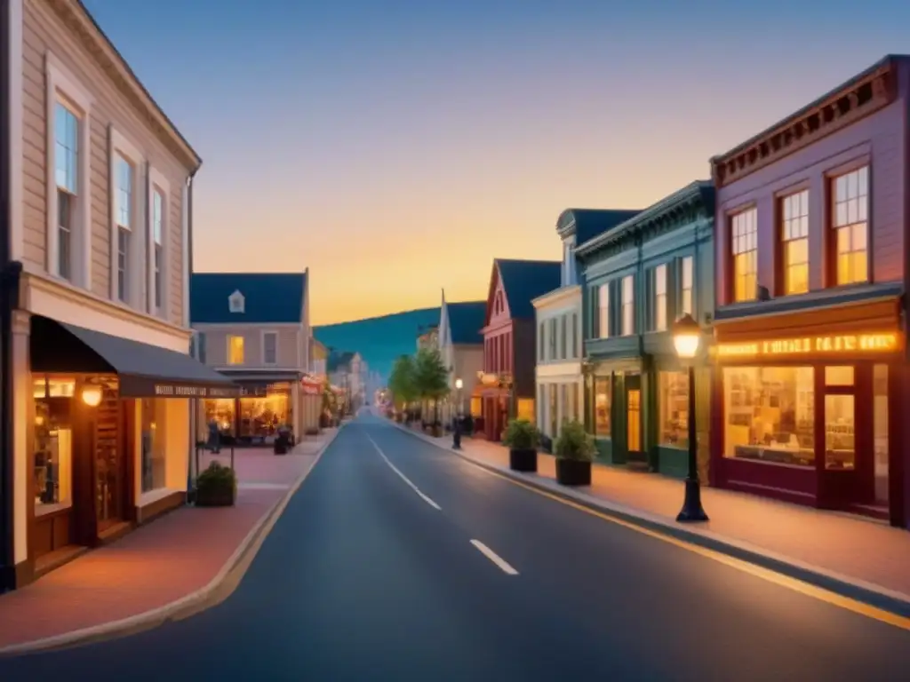 Transformación urbana: vida y luces en una ciudad pequeña Transformación de propiedades en pequeñas ciudades: Calle principal vibrante al anochecer con tiendas, cafés y apartamentos renovados