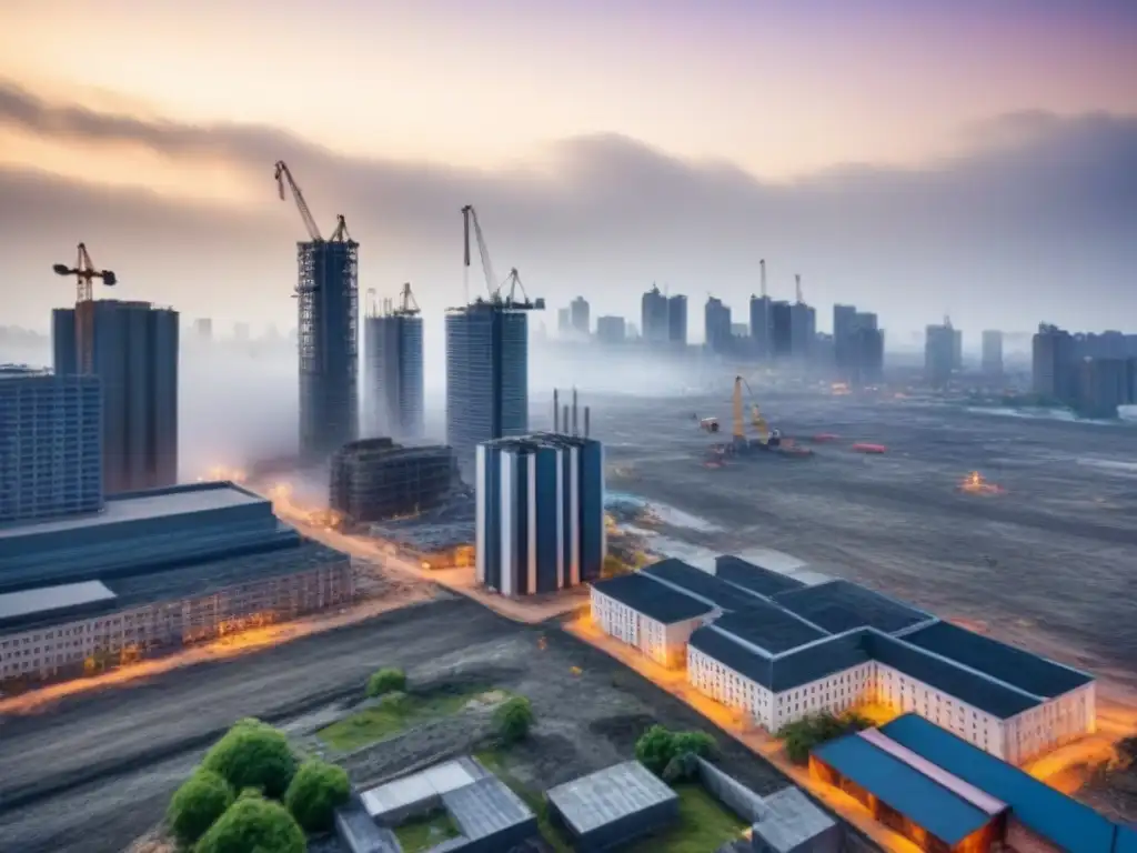 Reconstrucción urbana: ciudad resiliente renace Rehabilitación de propiedades postdesastre: la ciudad se reconstruye con cranes y trabajadores unidos en progreso urbano